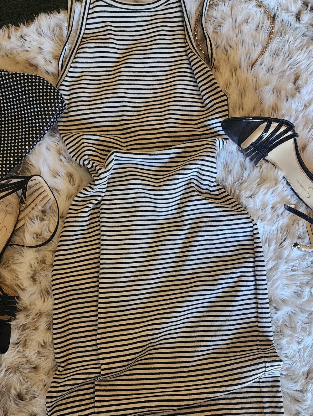 silence + noise Black and White Striped Midi Backless Pencil Dress